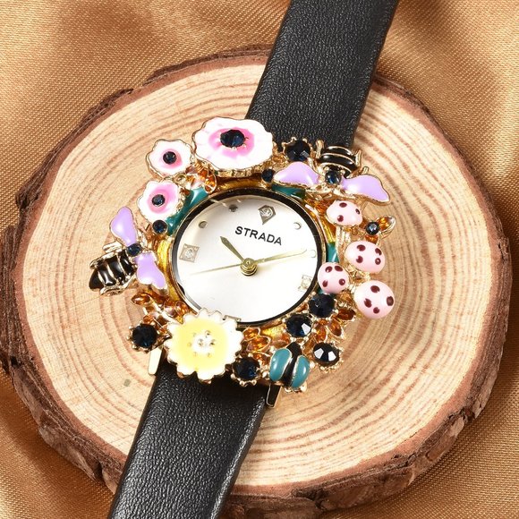 STRADA White & Blue Austrian Crystal Flora & Fauna Theme Nature-Inspired Watch - Picture 3 of 6